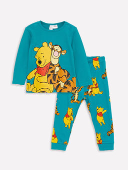 Bisiklet Yaka Uzun Kollu Winnie the Pooh Bask?l? Erkek Bebek Pijama Tak?m?