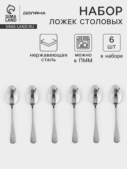 Набор столовых ложек Доляна Эмили, длина 20.5 см, 6 шт., нержавеющая сталь, серебристый  фото 7