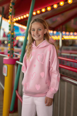 Pembe K?z Cocuk Mevsimlik-Ince Kalp Desenli Pamuklu Kapusonlu Orme Sweatshirt TKDAW25SW00002