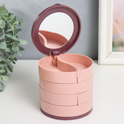 Шкатулка - органайзер для хранения украшений «Круглая. 4 уровня», пластик, зеркало, розовая, 10×10×10 см