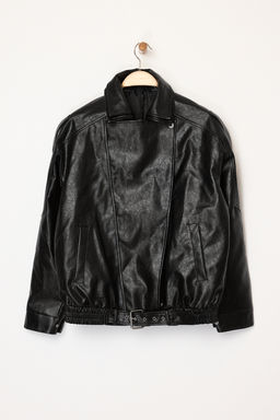 Siyah Oversize Kal?p Suni Deri Parlak Biker Ince Ceket Mont TWOAW26MO00064