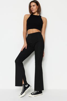 Siyah Smart Y?rtmacl? Flare/Ispanyol Paca Yuksek Bel Cizgili Orme Tayt Pantolon TWOSS23PL00126