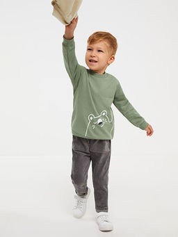 Bisiklet Yaka Bask?l? Erkek Bebek Sweatshirt