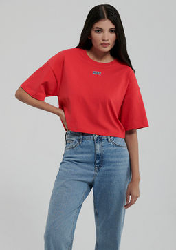 Mavi Logo Bask?l? K?rm?z? Crop Tisort