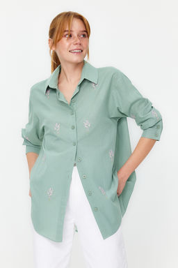 TRENDYOLMILLA Ekru Cicek Nak?s Detayl? Pamuklu Oversize Genis Kesim Dokuma Gomlek TWOSS22GO0246 фото 3