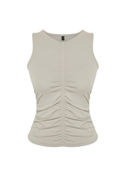 Trendyolmilla Ac?k Gri Buzgu/Drape Detayl? Bisiklet Yaka Orme Bluz TWOSS24BZ00466