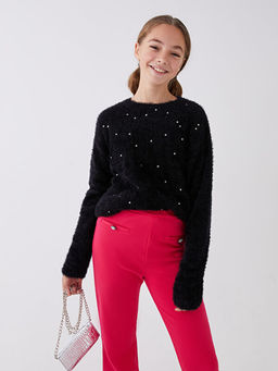 Bisiklet Yaka Pul ??lemeli Uzun Kollu K?z ?ocuk Triko Kazak