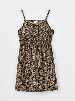 Kare Yaka Leopar Desenli K?z ?ocuk Elbise
