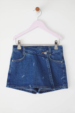 Mavi K?z Cocuk %100 Pamuk Kurdele Bask?l? Denim Sort Etek TKDSS25ET00007