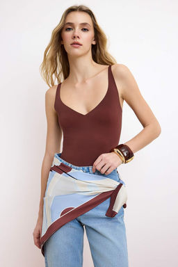 Kahverengi Geometrik Desen Farkl? Kullan?ma Uygun Saten Sal Bluz TWOSS26BZ00332