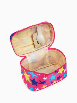 Косметичка-сундучок на молнии, на подкладке, с ручкой, зеркалом, с рисунком, розовая