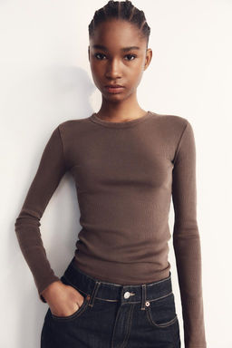 LONG SLEEVE WASHED EFFECT RIBBED T-SHIRT - Zara фото 18