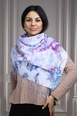 Платок на голову, с цветами и кистями MAGROM, сиреневый, 105 х 105 см, из 100% пашмины