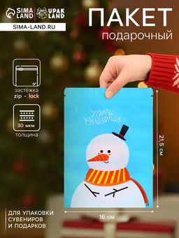 Цена за 50 шт. Пакет подарочный новогодний, с zip-lock застежкой, «Снеговик с шарфом», 16×21.5±1 см