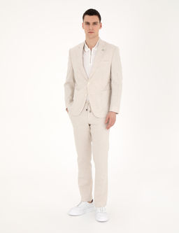 Bej Slim Fit Keten Kar___ml_ _izgili Tak_m Elbise