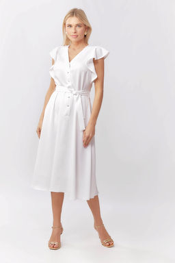 Платье отрезное по талии с рукавами-крылышками и струящейся юбкой из легкого тенселя в белом цвете - Serginnetti фото 6