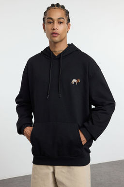 TRENDYOL MAN Siyah Oversize/Genis Kesim Aslan Nak?sl? Ici Polarl? Kapusonlu Sweatshirt TMNAW25SW00165 - Trendyolmilla фото 2