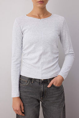 Gri Melanj Fitted/Vucuda Oturan Yar?m Fermuarl? Cift Katl? Orme Bluz TWOAW26BZ00031
