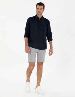 Lacivert Slim Fit Yar_m D__meli %100 Keten G_mlek