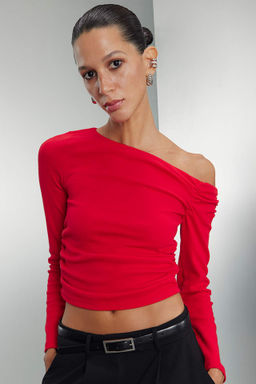 Slim Fit Dar Kesim Tek Omuzlu Ribana Basic Duz Uzun Kollu Tisort - Defacto фото 4