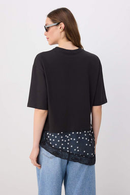 Siyah D_z Oversize/Geni_ Kal_p Puantiyeli Dantel Detayl_ _rme T-Shirt TWOSS26TS00337 - Trendyolmilla фото 4