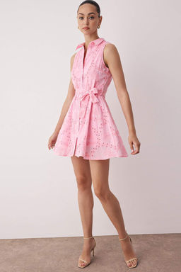 Pembe Baglama Detayl? Duz K?sa / Mini Dokuma Elbise TWOSS25EL00897 - Trendyolmilla фото 7