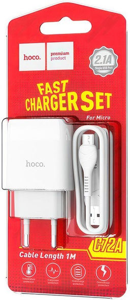 Зарядное устройство сетевое HOCO "Glorious" (C72A, 6931474712899) 2.1А, 1 USB, белое