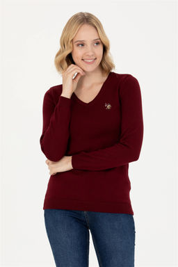 Женский бордовый базовый свитер с v-образным вырезом Неожиданная скидка в корзине