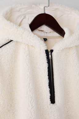 Ekru Biye Detayl? Oversize/Genis Kal?p Pelus Kapusonlu Kal?n Orme Sweatshirt TWOAW26SW00229 - Trendyolmilla фото 7