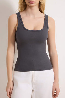 Antrasit Fitted/Vucuda Oturan Havuz Yaka Fitilli Esnek Orme Atlet TWOSS22AL0042