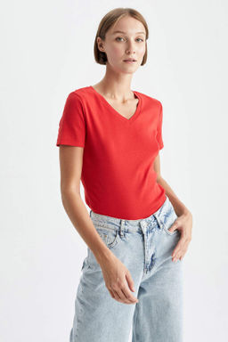Slim Fit Dar Kesim V Yaka Ribana Basic Duz %100 Pamuk K?sa Kollu Tisort - Defacto фото 7