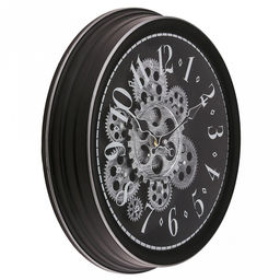 Часы настенные Механика д32см, h6,6см, циферблат Шестеренки вращающиеся, черный/потертое серебро; цифры арабские поверх стекла, серебристый; корпус пластик, черный; в лотке (Китай) - Домашняя мода фото 2