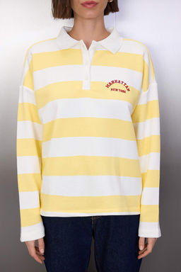 Ac?k Sar? Kal?n Sardonsuz Polo Yaka Cizgili Nak?sl? Orme Sweatshirt TWOAW26SW00062 - Trendyolmilla фото 3