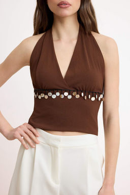 Kahverengi Boncuk Detayl? Boyundan Baglamal? Dokuma Bluz TWOSS26BZ00539