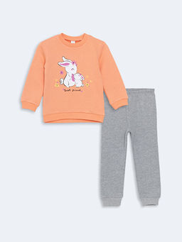 Bisiklet Yaka Uzun Kollu Bask?l? K?z Bebek Sweatshirt ve E?ofman 2li Tak?m