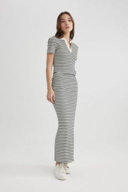 Fitted Fitilli Cizgili Kaskorse Maxi Etek