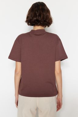 Kahverengi-Bej 2li Paket %100 Pamuk Basic Dik Yaka Orme T-Shirt TWOSS20TS1500