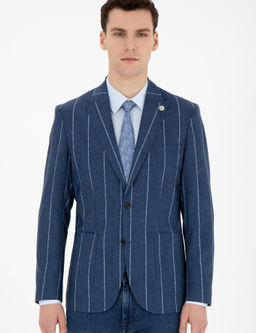 Lacivert Slim Fit _izgili Y_n Blazer Ceket