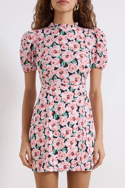 Cok Renkli A Kesim Dik Yaka Cicek Desenli Super Mini Astarl? Dokuma Elbise TWOSS21EL2880