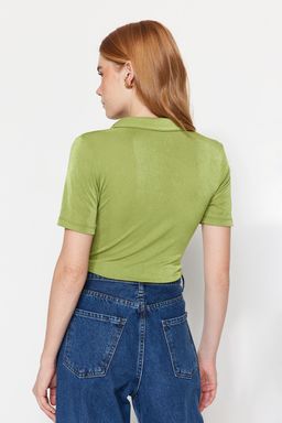 Yesil Parlak Yuzeyli ve Yumusak Dokulu Polo Yaka C?tc?tl? Orme Body TWOSS23BD00059