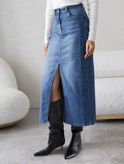 Джинсовая юбка миди с разрезом из эластичного облегченного денима