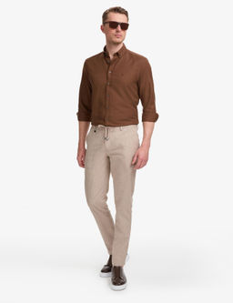 A__k Kahverengi Ex. Slim Fit Beli Kordonlu Pamuk Keten Kar___ml_ Pantolon