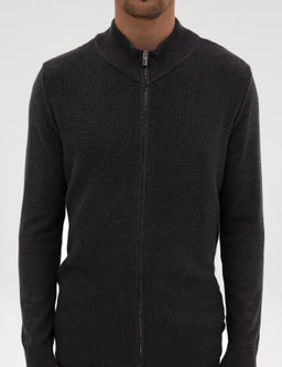 Koyu Antrasit Melanj Slim Fit Fermuarl_ Triko H_rka