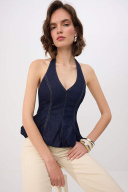 Koyu Mavi Halter Yaka Balon Denim Bluz TWOSS26BZ00705 - Trendyolmilla фото 7