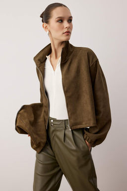 Koyu Kahverengi Duz Fermuarl? Astars?z Regular/Normal Kal?p Orme Suet Ceket TWOAW26CE00011 - Trendyolmilla фото 6