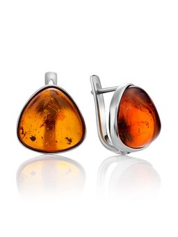 Серьги с натуральным искрящимся коньячным янтарем треугольной формы Дельта