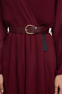 Bordo Kemerli A Kesim Piliseli Maxi Astarl? Sifon Ucus Ucus Dokuma Elbise TWOAW24EL00471