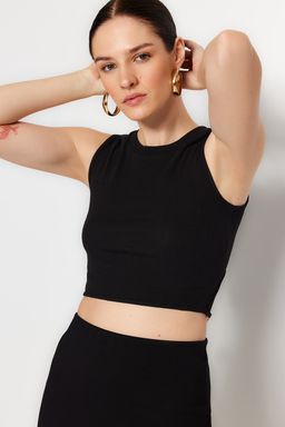 Siyah Zincir Detayl? Fitted/Vucuda Oturan Crop Bisiklet Yaka Fitilli Esnek Orme Bluz TWOSS23BZ00567 - Trendyolmilla фото 3