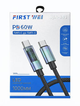 Кабель Type-C - Type-C, 1 м, тканевая оплетка (SJX-101) черный, с LED-дисплеем, PD60W