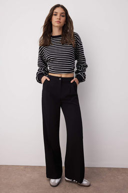 Siyah Pilili Wide Leg/Genis Paca Dokuma Pantolon TWOAW25PL00109 Palazzo